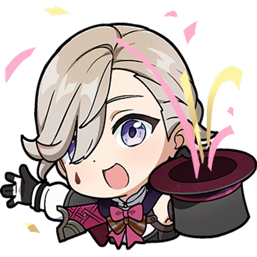 A chibi sticker of Lyney from Genshin Impact. He's looking at the camera with his right hand outstretched to look like he's motioning towards the text to the left while he's holding his hat in his right. Confetti is coming out of his hat as he has an open-